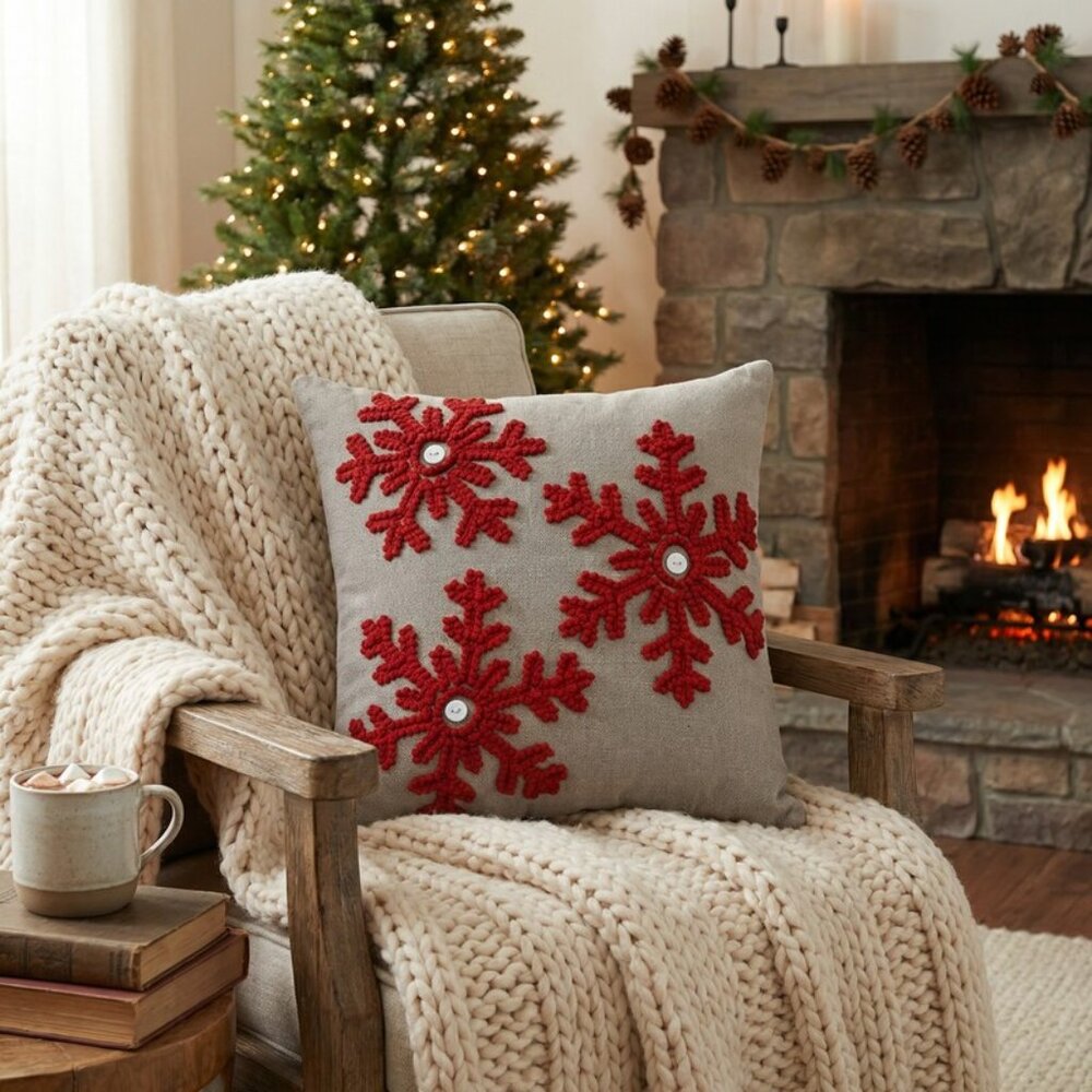 Pillow Perfect Country Home Snowflakes Grey/Red 15.5-inch Throw Pillow